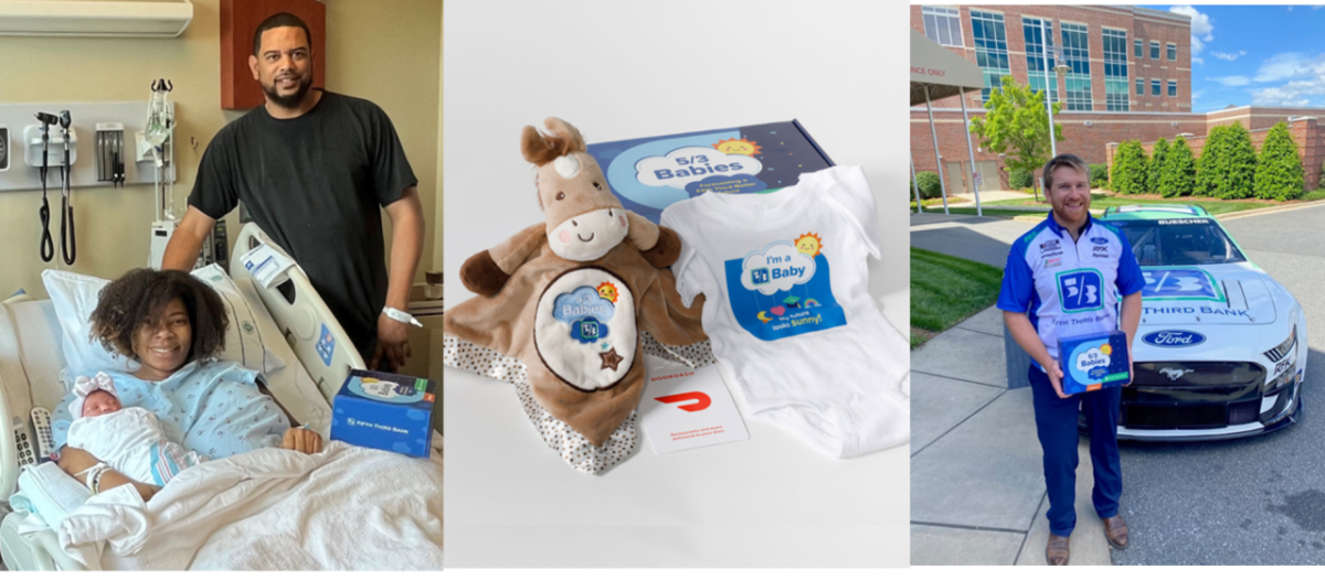 Mom Danielle “DJ” Johnson and dad James Neely with their Fifth Third Baby Prestyn, who was born at Atrium Health Cabarrus in Concord, North Carolina. Fifth Third surprised the family with a gift of college savings for his birthday on May 3. At right, Chris Buescher, driver of the No. 17 Fifth Third Bank Mustang in the NASCAR Cup Series, and father to five-month-old Charley, greeted new moms on Fifth Third Day. "_"