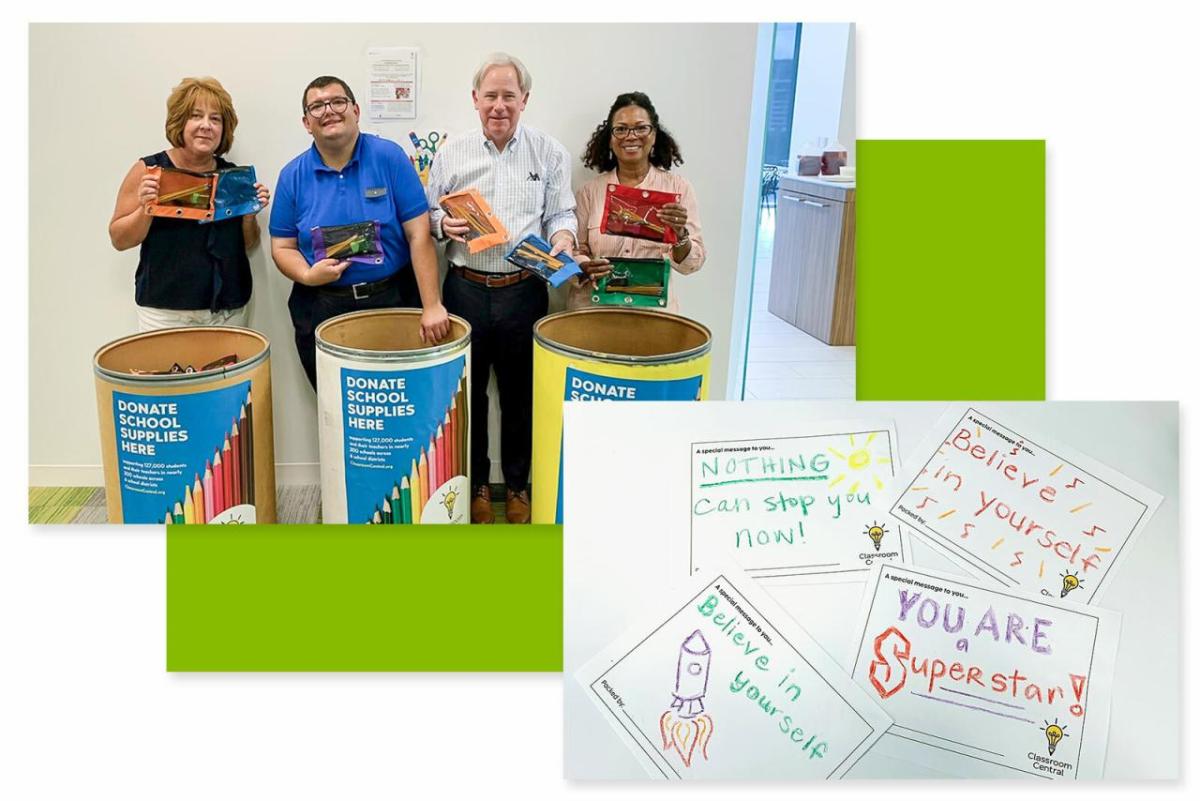 Collage of photos of people behind school supply collection bins and notes of thanks.