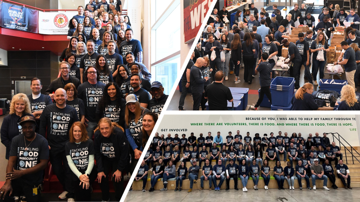Collage of three photos of large groups of people in matching t-shirts.