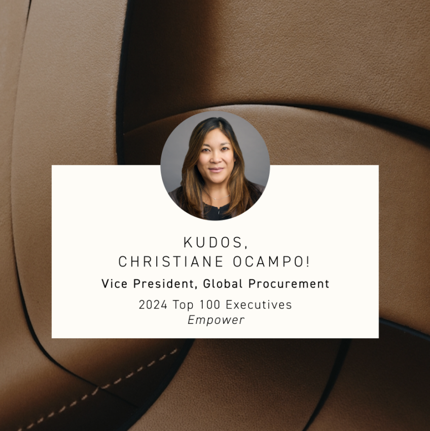 Christiane Ocampo, Vice President of Global Procurement at Tapestry, who was named among the 2024 ‘Top 100 Executives’ by Empower A photo of Christiane Ocampo, Vice President of Global Procurement at Tapestry, who was named among the 2024 ‘Top 100 Executives’ by Empower, on a background of brown stitched leather