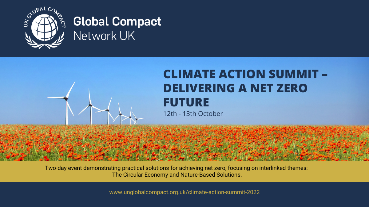 wind turbines. Graphic reads: Climate action summit - delivering a net zero future