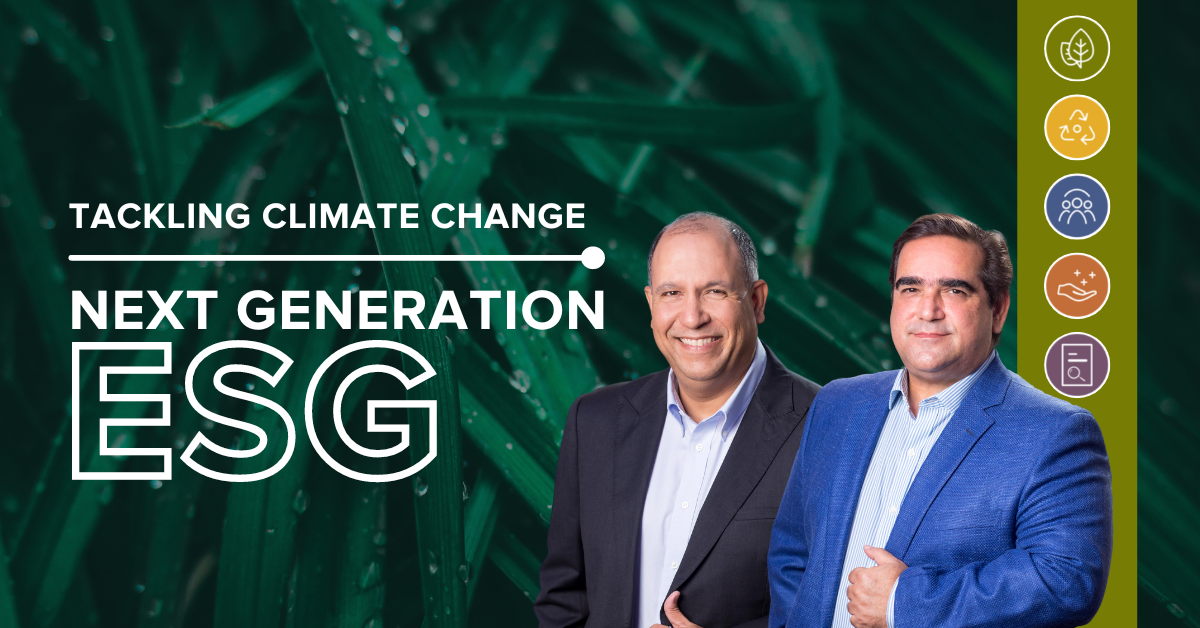 "Tackling Climate Change, Next Generation ESG" with two headshots