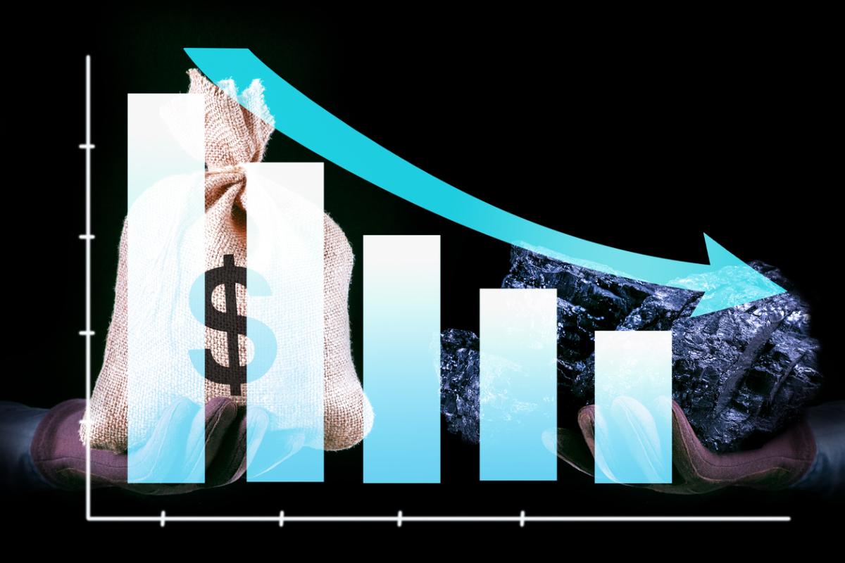 picture of coal with bar graph showing downward trend