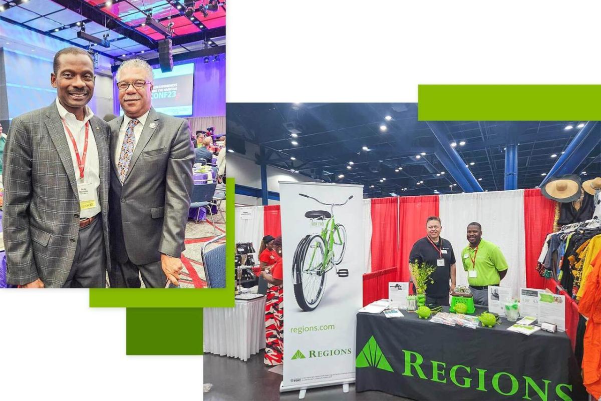 Two separate photo's from the community day expo. Photo on the left is two people attending the event and the photo on the right is of two people at a Regions event stand
