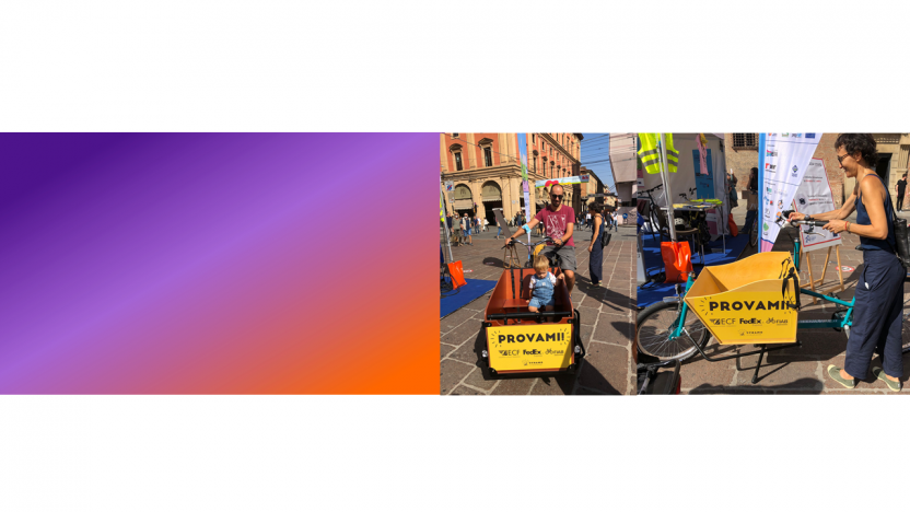 ***Photo credit: Global Alliance of NGOs for Road Safety (the Alliance) frame on the left is graduating colors from purple to orange. The right shows two people using "provimii" cargo bicycles