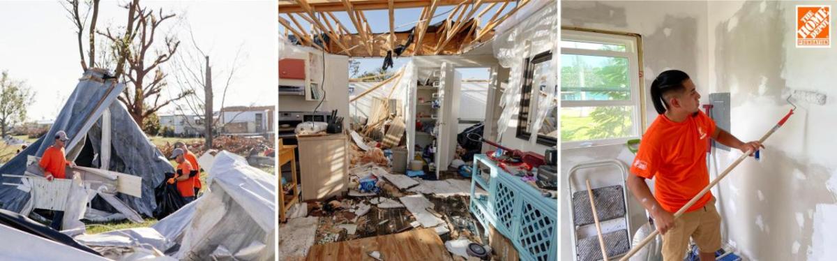 Three separate photos of volunteers helping to clear up, recover and restore buildings from the disaster caused by a hurricane  