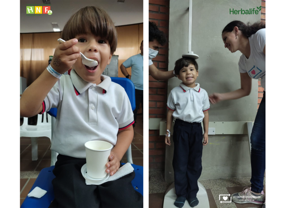 Two photos of children, one eating off a spoon, one getting their height measured.