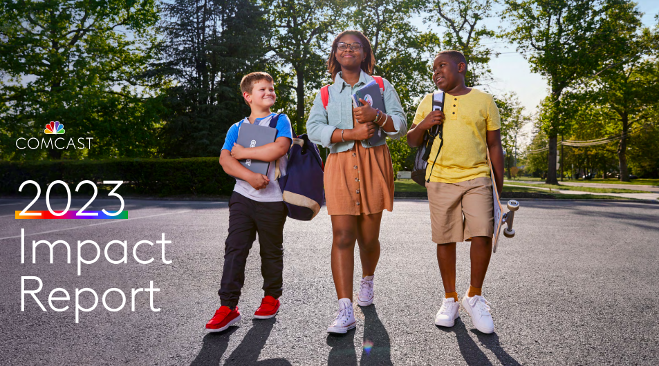 2023 impact report text with 3 school children standing together