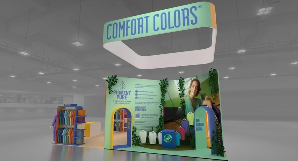 Comfort Colors® tradeshow booth highlighting the Pigment Pure™ dyeing process