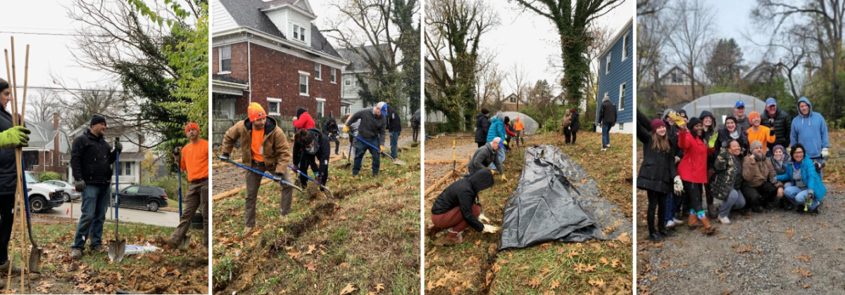 Collage of four photos of groups of people outside in cold weather apparel, digging, planting, and doing other labor.