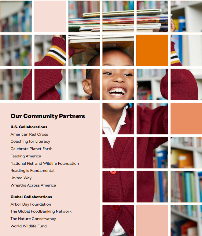 A child in school uniform smiling with a stack of books on their head, shelves of books behind them. A list on the side "Our Community Partners U.S. Collaborations American Red Cross Coaching for Literacy Celebrate Planet Earth Feeding America National Fish and Wildlife Foundation Reading is Fundamental United Way Wreaths Across America Global Collaborations Arbor Day Foundation The Global FoodBanking Network The Nature Conservancy World Wildlife Fund"