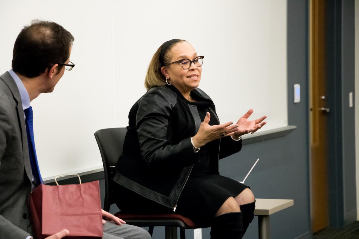 Connie Lindsey speaks about social responsibility with a packed room of Loyola students.