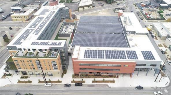 Circuit West features 500 kilowatts of rooftop solar power between Bridge and First streets in Grand Rapids. A new energy storage battery is located a block away from the array.