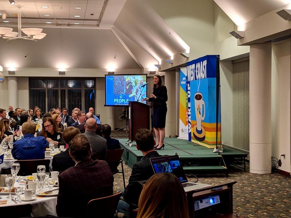 President and CEO of CMS Energy Patti Poppe highlighted the importance of change at West Coast Chamber's Wake Up West Coast on Tuesday Dec. 11th. Photo Credit: Cassandra Bondie/Sentinel Staff