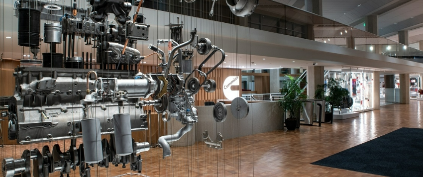 The lobby of Cummins’ Corporate Office Building in Columbus celebrates the company’s rich history. " "