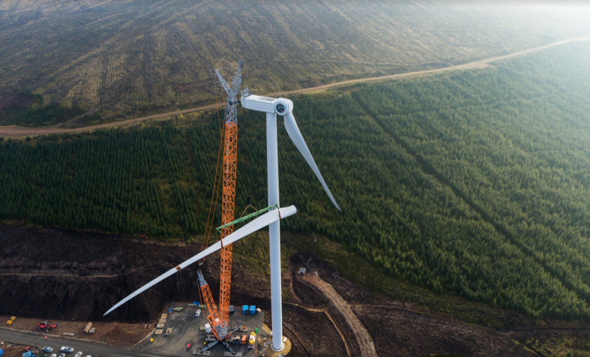 Aerial view of a wind turbine being assembled.