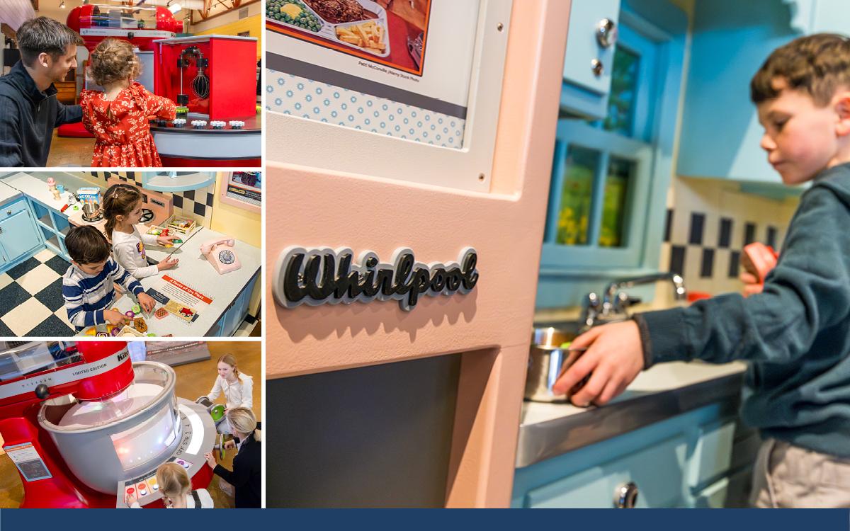 Collage of kids and adults using different play-kitchen items.