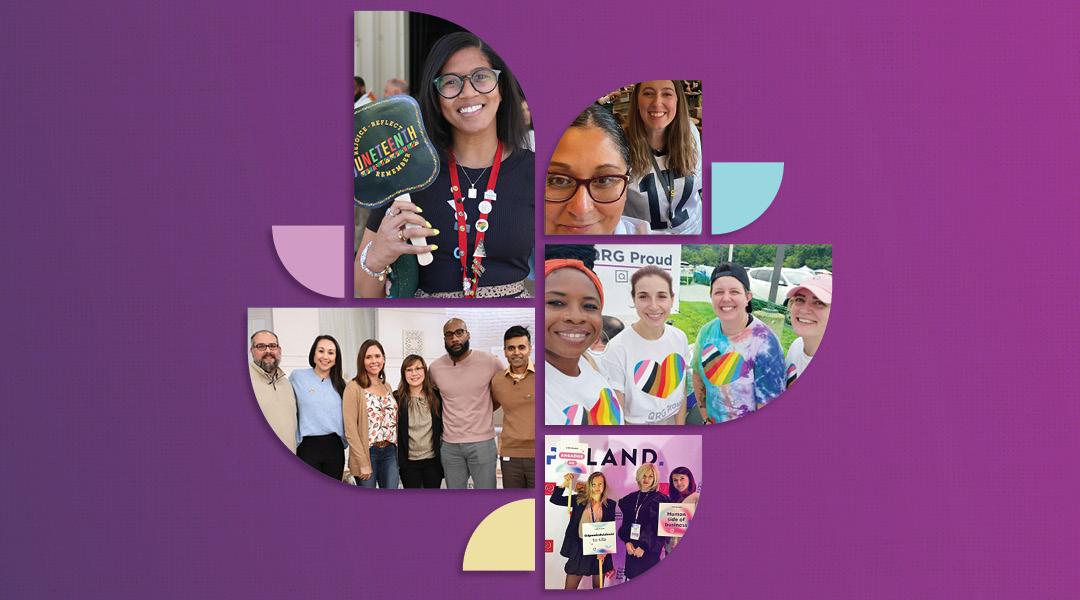 an image of a Qurate Retail Group team members in the center with a purple background.