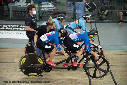 MK, front right, and her partner getting set for a race at the Para-cycling Track World Championships