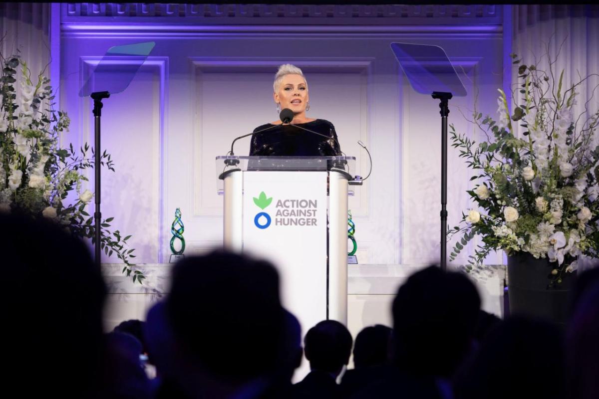P!nk delivers speech at Action Against Hunger's 2025 Gala. 