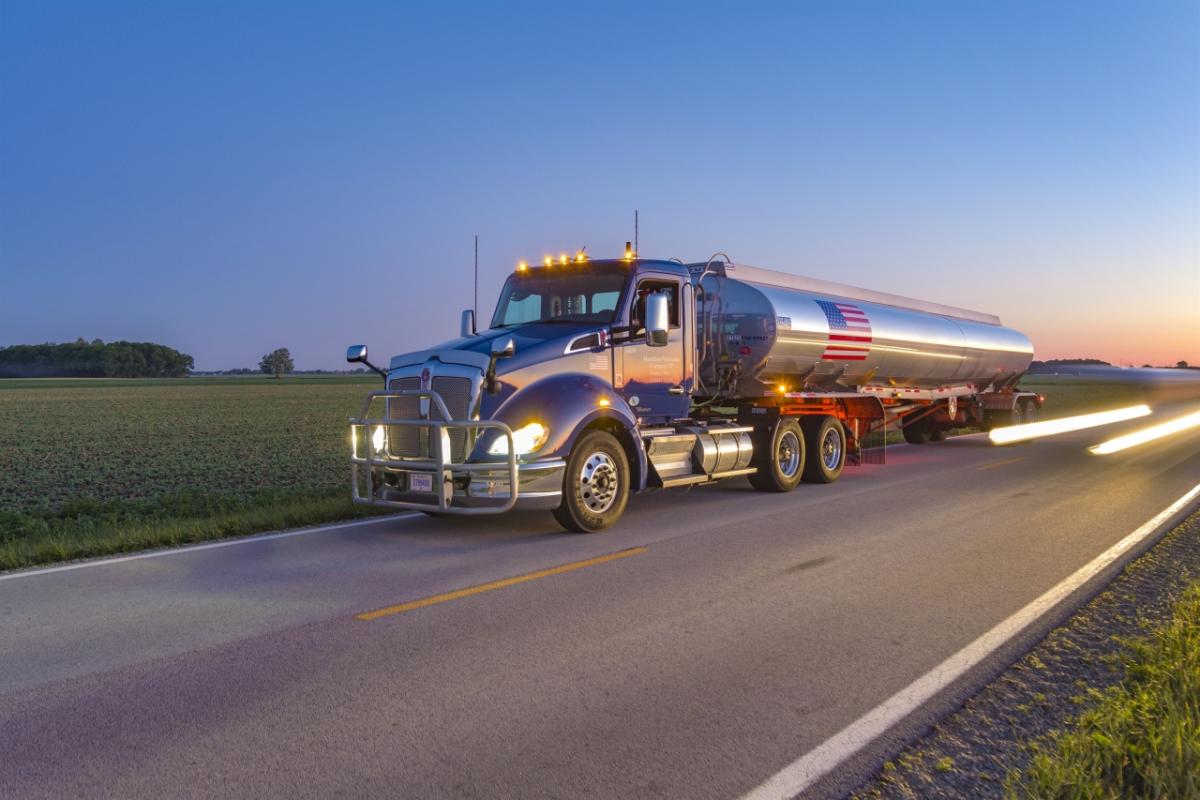 truck driving at dusk