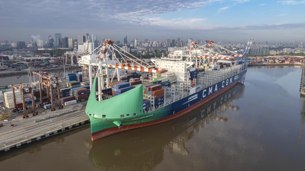 Aerial view of container ship at berth at DP World's port terminal in Buenos Aires.