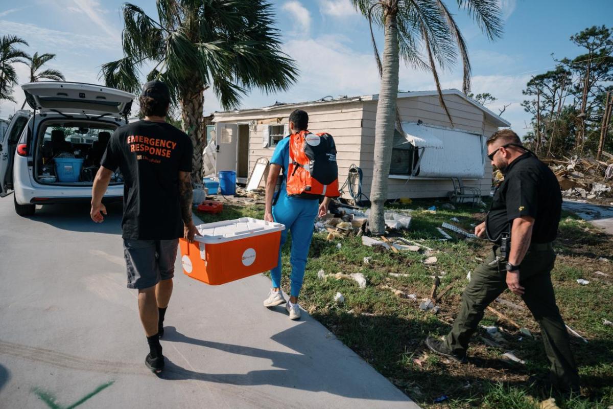 Dr. Yousef Motii conducts medical outreach in the destroyed Spanish Lakes neighborhood in Ft. Pierce, Florida. Motii is a clinician at Oceana Health, which has been providing medical services to residents impacted by Hurricane Milton. (Photo by Bimarian Films)