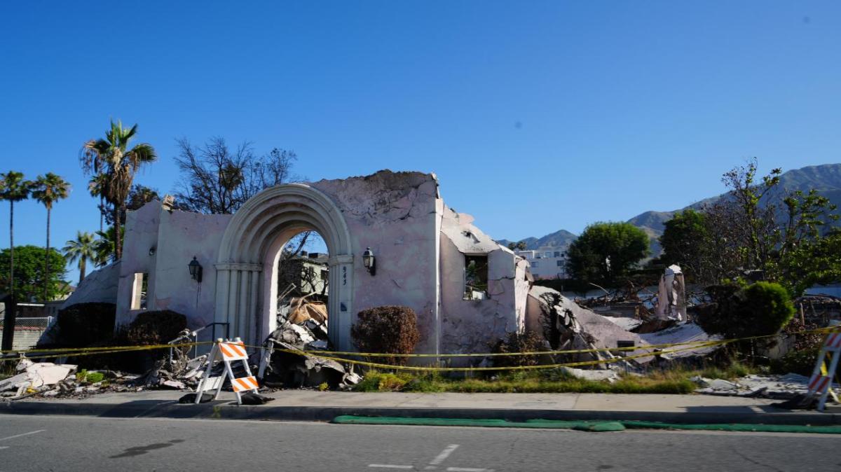 The Altadena Community Church facade still stands six months after the Eaton fire ripped through the community of Altadena. (Tony Morain/Direct Relief)