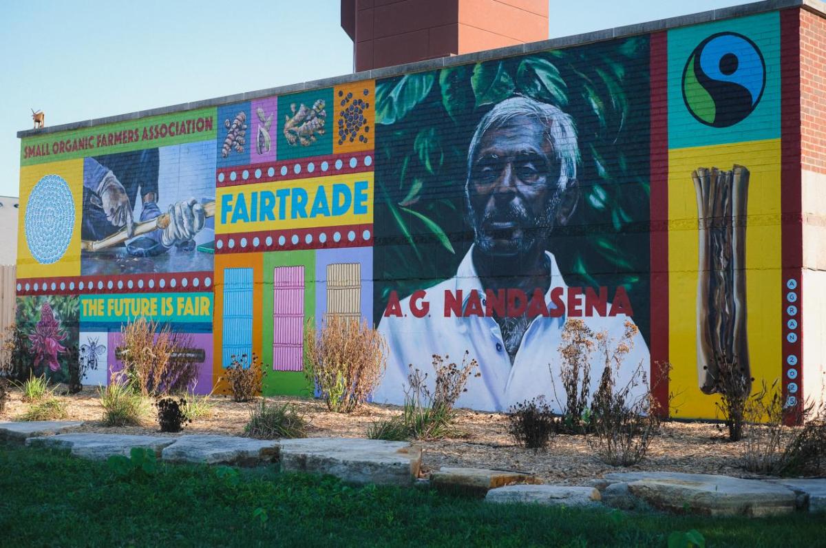 Mural depicting spice farmer, A.G. Nandasena in Coralville, IA, commissioned by Fairtrade America.