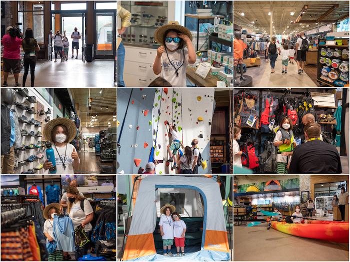 Photo montage of Jax Ramirez and his family entering Public Lands, shopping the store, climbing a wall, seated in a kayak and pictured with his mother in a tent.