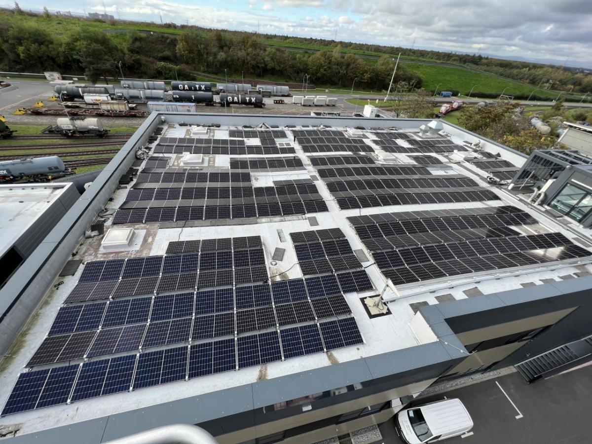 Solar panels cover the roof of the company's Darmstadt site.