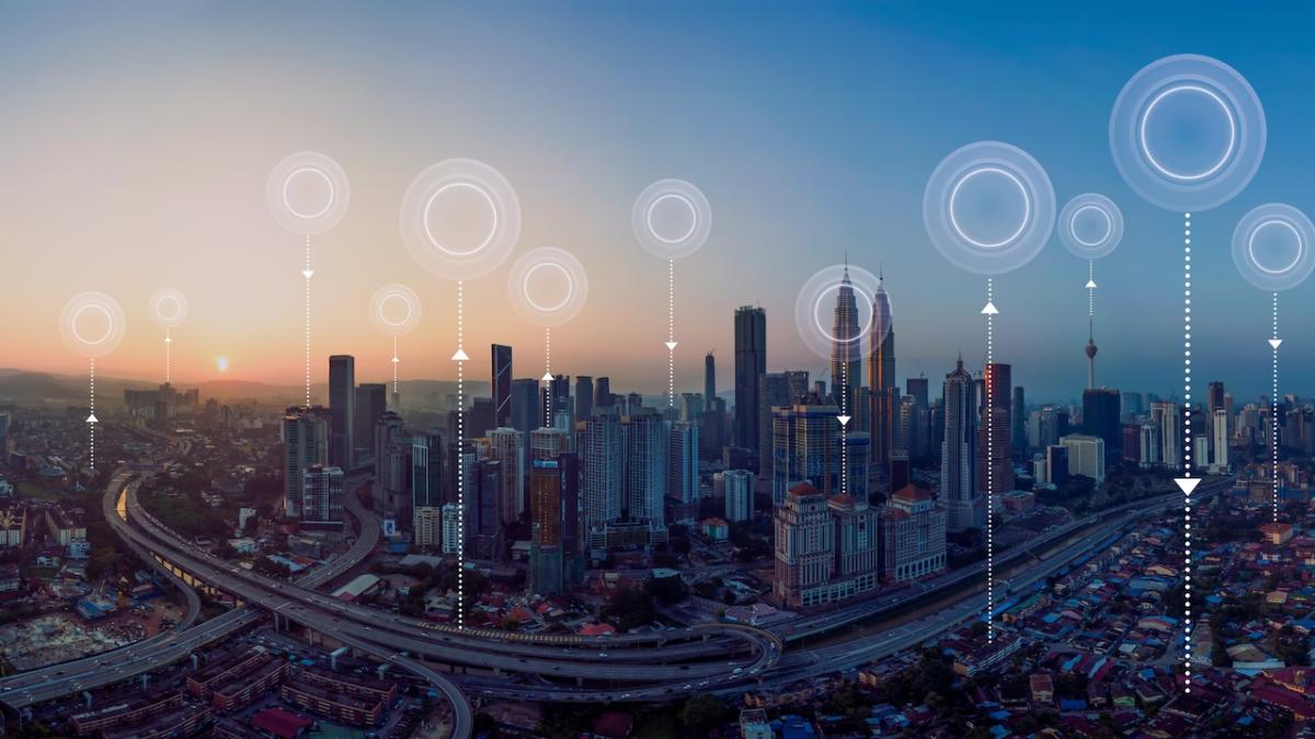 Cityscape showing data centers illustrated with balloons.