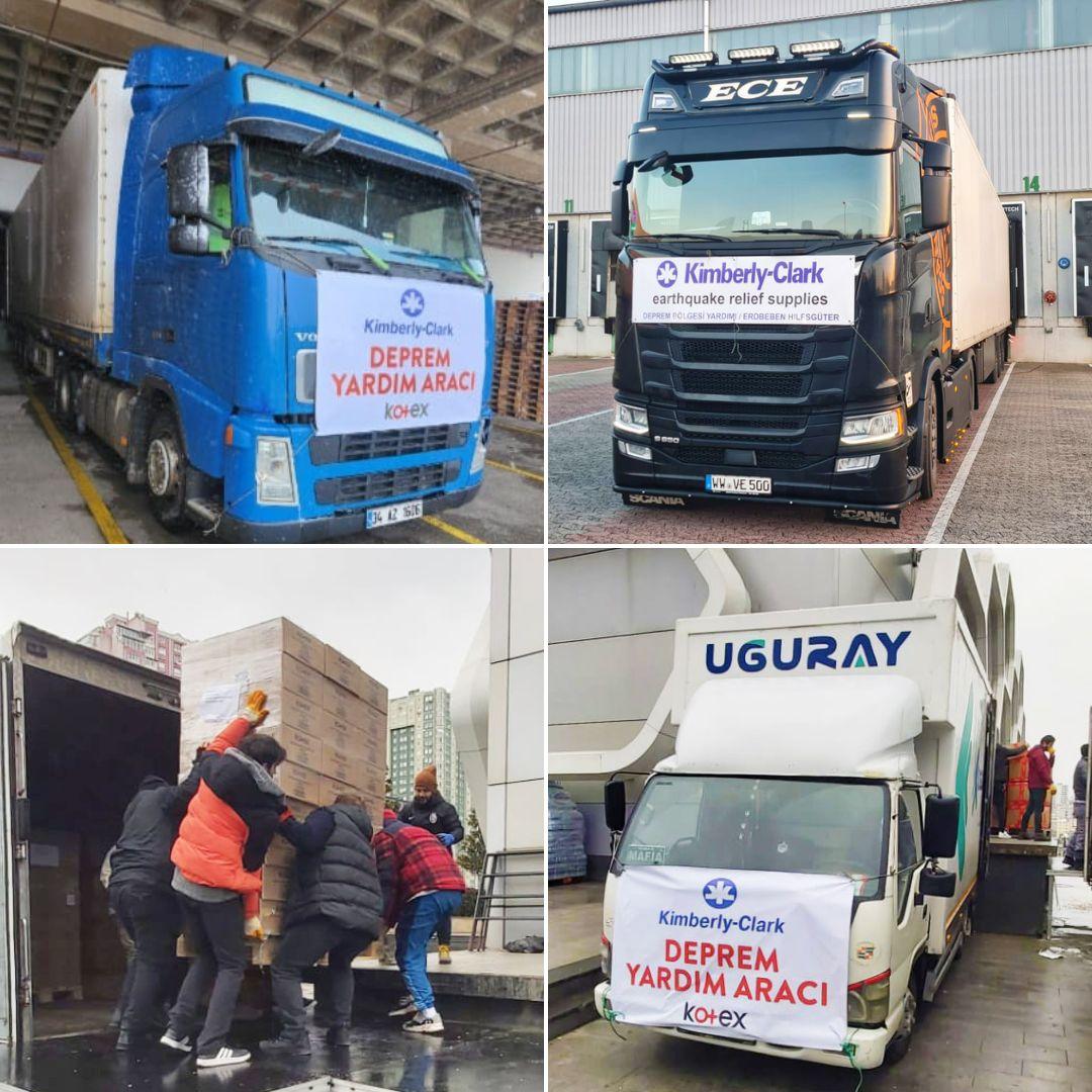 Trucks being loaded with Kimberly-Clark products to be donated