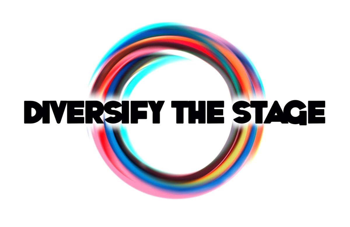 Diversify The Stage appears in black lettering in front of a mix of colors swirled in a circle.