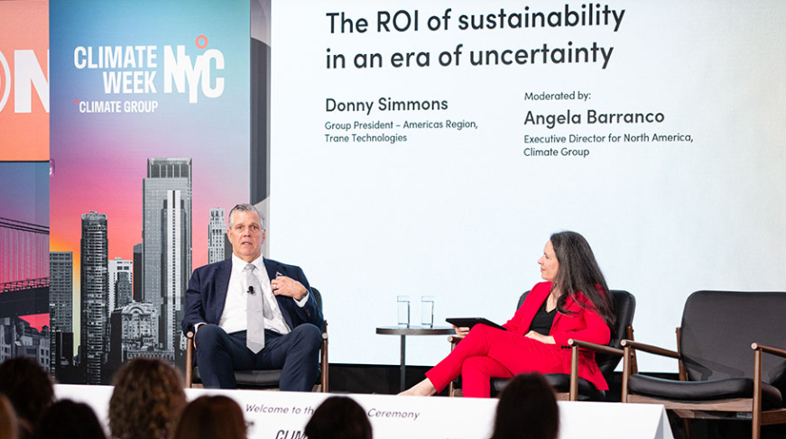 Donny Simmons, Group President of the Americas for Trane Technologies, in conversation with Helen Clarkson, CEO of the Climate Group about unlocking the ROI of sustainability.