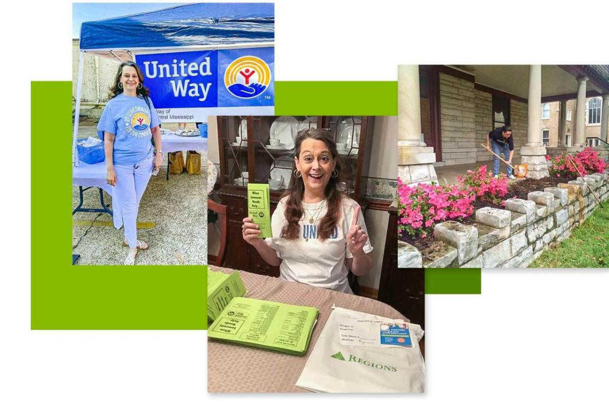 Ginger Donohue in a collage of three photos of different volunteer projects.