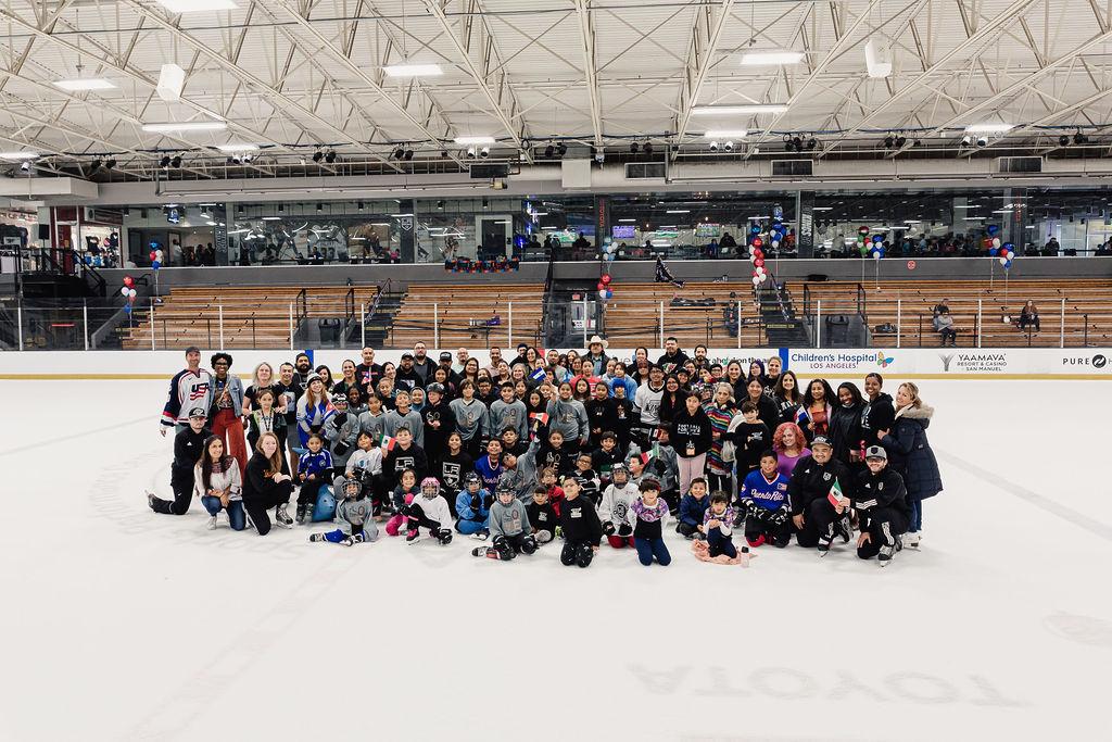 Youth from 24 Degrees of Color celebrating Hispanic Heritage Month with the LA Kings and Al Montoya at Toyota Sports Performance Center. Photo credit: Jason C Williams Photography