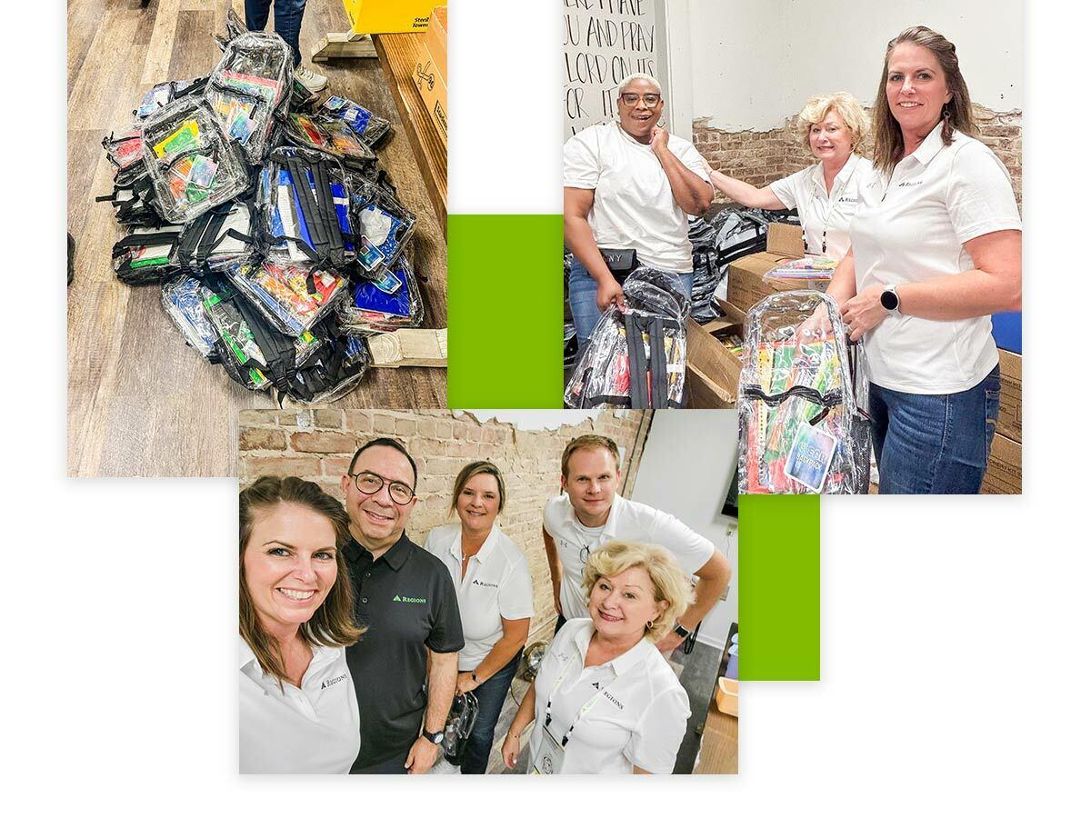 Collage of photos of Regions volunteers and the packed backpacks with school supplies for students 