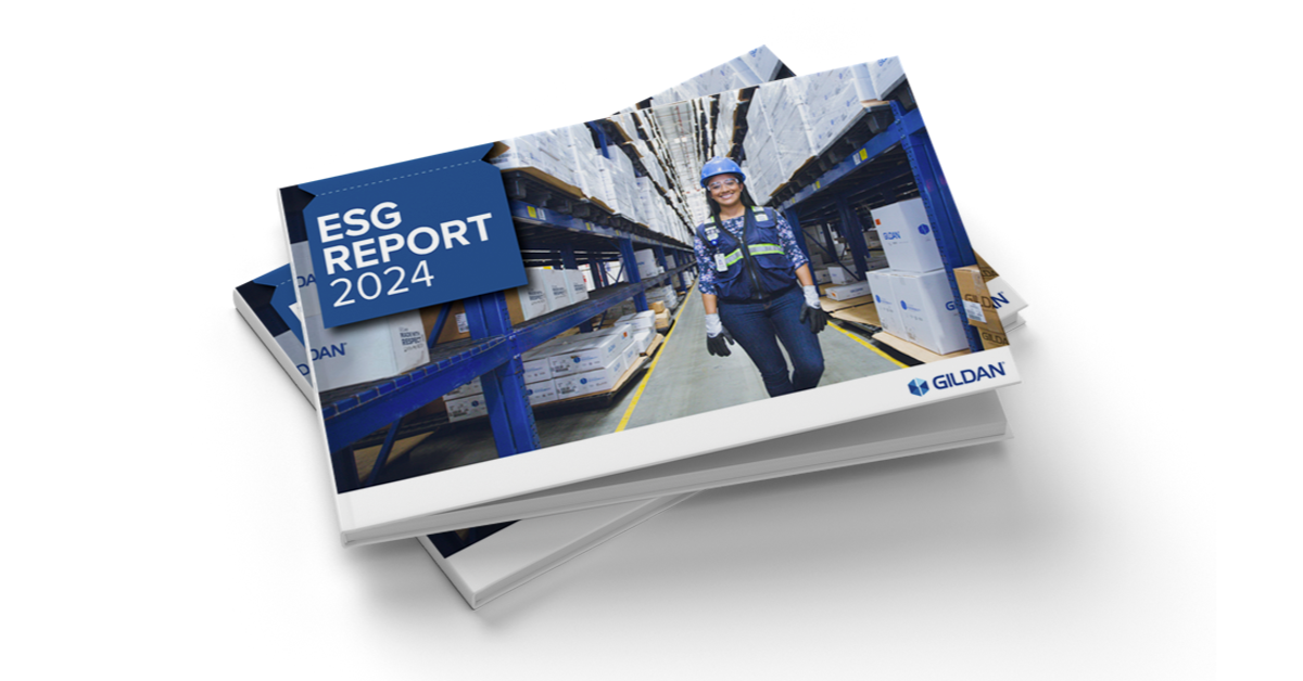 Gildan Publishes its 2024 ESG Report Highlighting Advancements towards its 2030 ESG Targets Gildan's 2024 ESG Report featured against a white backdrop