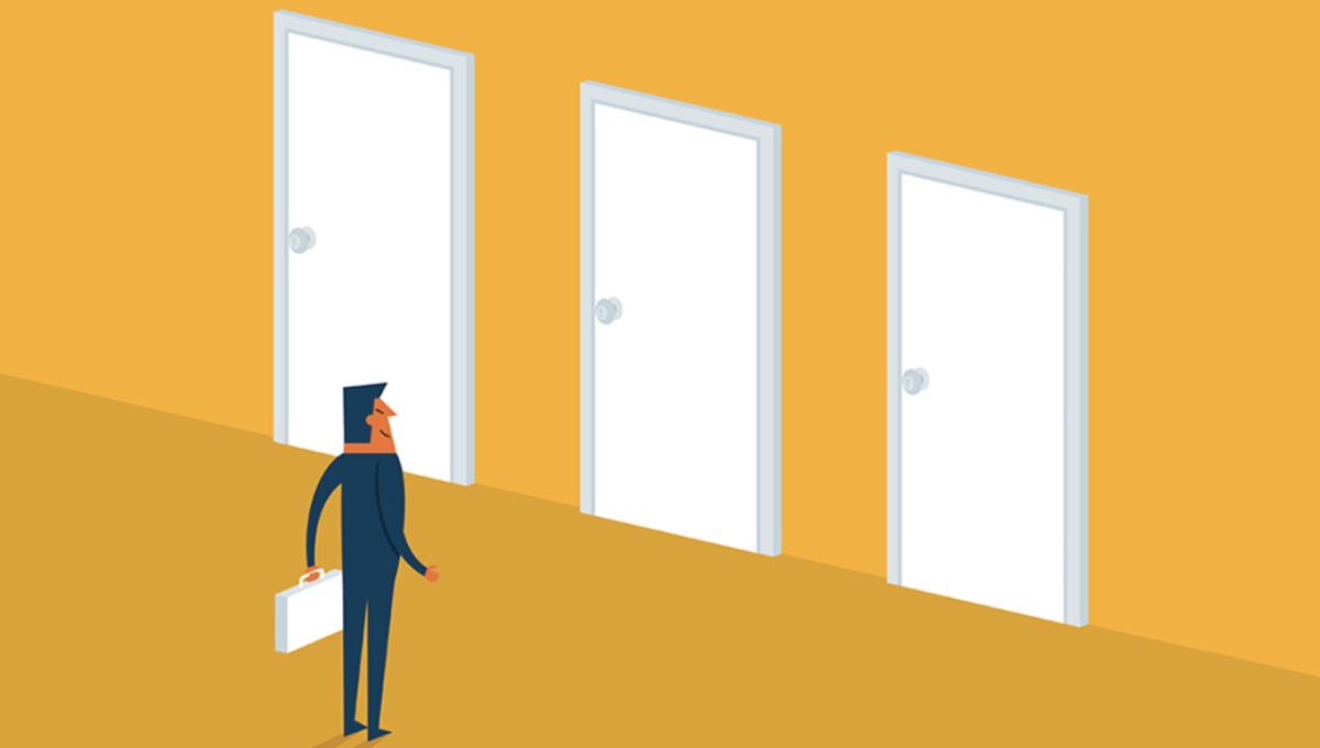 illustration of a person choosing between 3 doors
