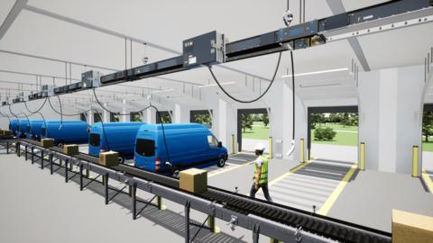 Digital rendering of a large bay of parked vans, power cords hanging down.