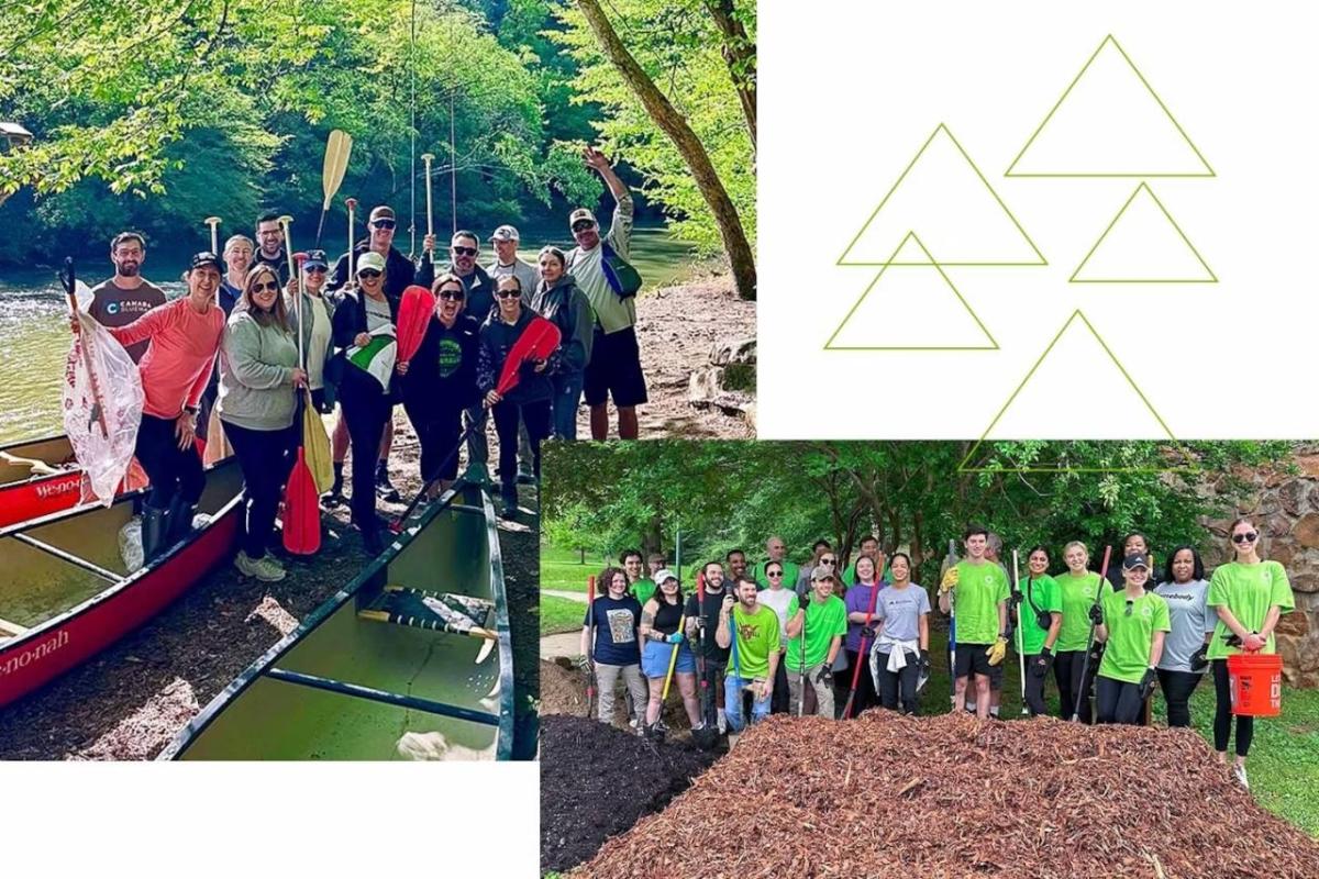 Collage of two photos that are both group pictures of volunteers at Earth Week