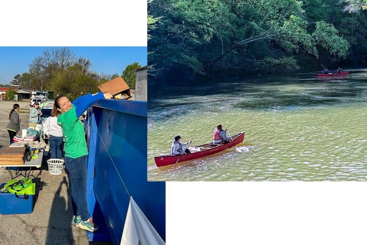 Collage of two images: Two people canoeing and picture of someone recycling