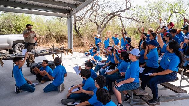 South Texas students at a learning station on the East Foundation’s El Sauz Ranch are educated in topics such as wildlife conservation, land stewardship, and the importance of watersheds. Photo credit: Jonathan Vail. Students participating in outdoor learning