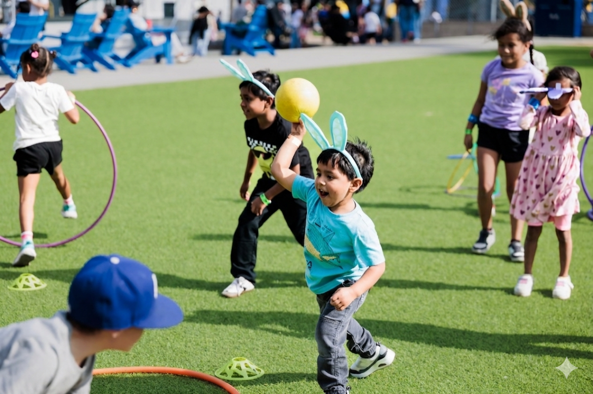 Children participate in a playful outdoor activity on artificial turf, tossing a ball and running between cones and hula hoops.