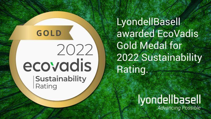 Info graphic. On a background of green tree foliage. "Gold 2022 ecovadis Sustainability Rating" as a badge on the left. "LyndellBasell awarded EcoVadis Gold Medal for 2022 Sustainability Rating." On the right. Lyun=ondellBasell logo on the right bottom.