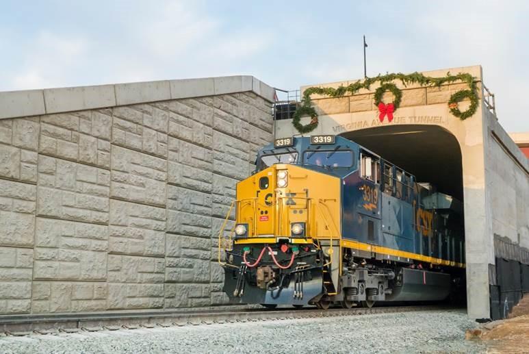 The first train to pass through the reconstructed Virginia Avenue Tunnel in Washington, D.C.