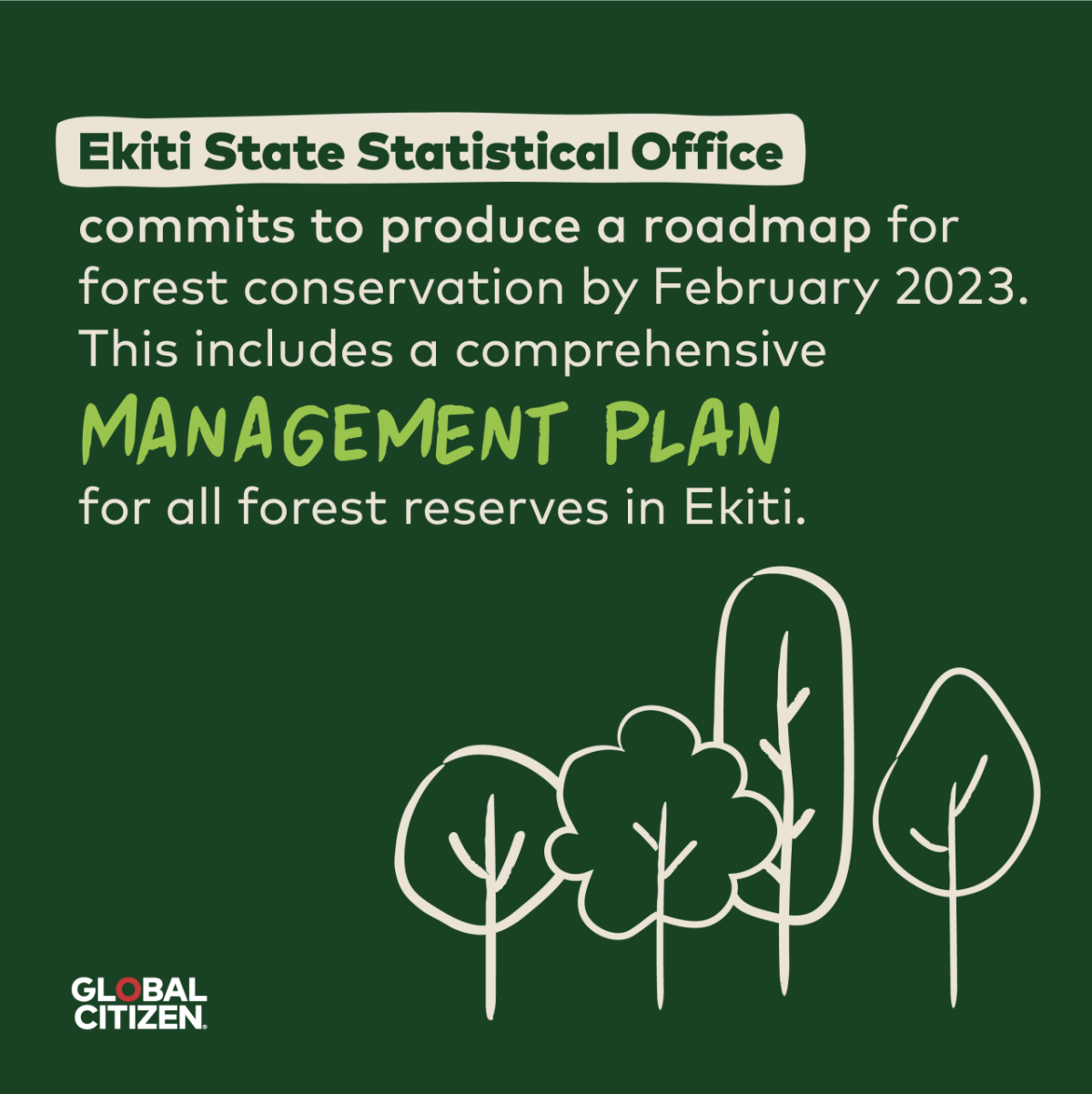 Ekiti State Statistical Office commits to produce a roadmap for forest conservation by February 2023, including a comprehensive management plan for all forest reserves in Ekiti 