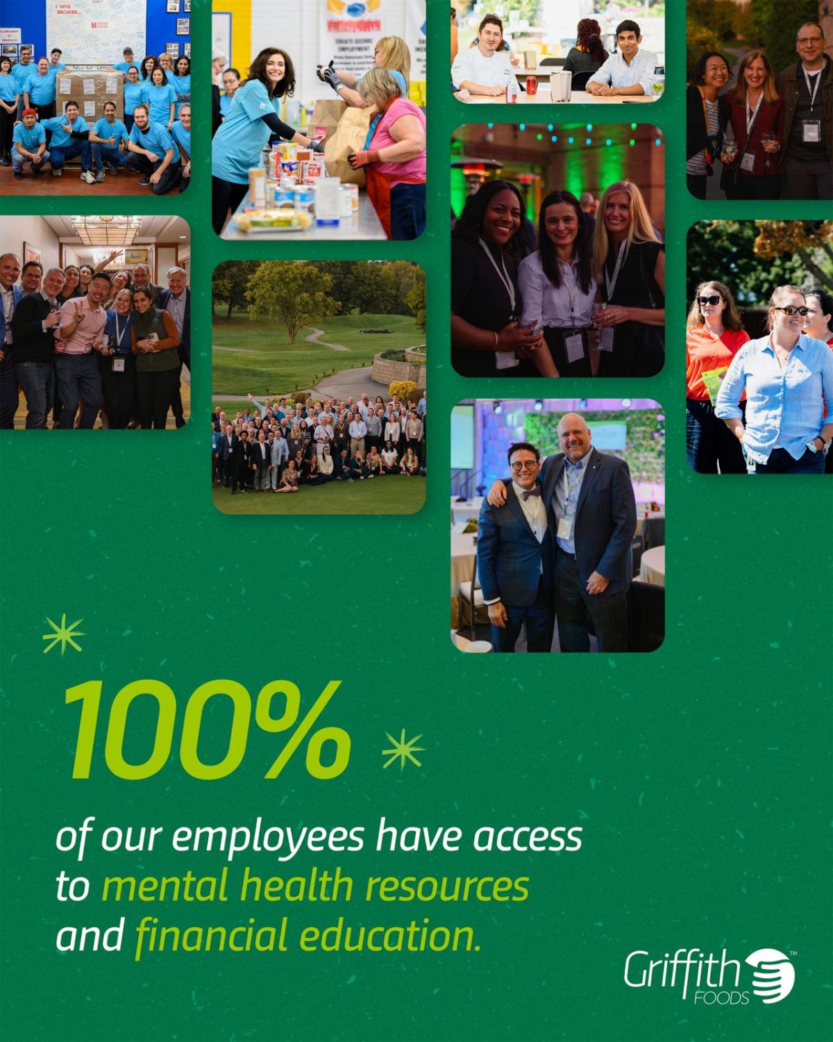 Collage of employee photos. "100% of our employees have access to mental health resources and financial education.