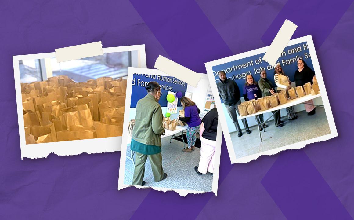 Maximus employees prepare and distribute lunches for visitors to the Cuyahoga County Job and Family Services office. " "
